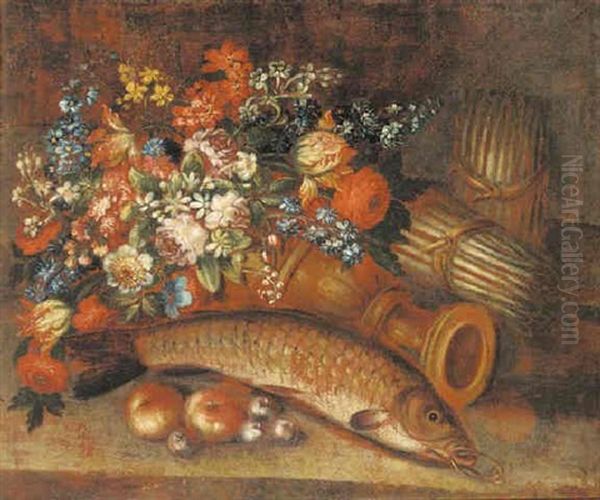 An Overturned Urn With Roses, Tulips, Narcissi And Other Flowers, With A Fish And Asparagus On A Bank Oil Painting by Jan-Baptiste Bosschaert