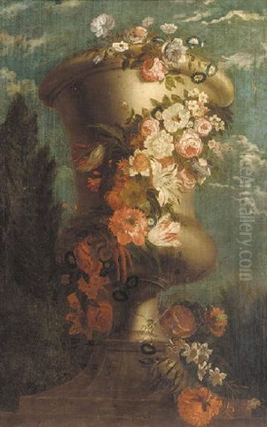 Roses, Tulips, Carnations, Morning Glory And Other Flowers Decorating An Urn Oil Painting by Jan-Baptiste Bosschaert