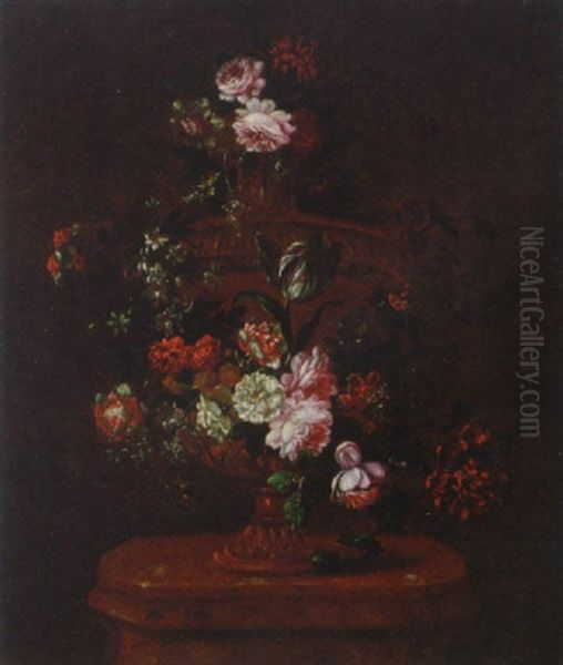 Roses, A Parrot Tulip And Other Flowers Decorating An Urn, On A Pedestal Oil Painting by Jan-Baptiste Bosschaert