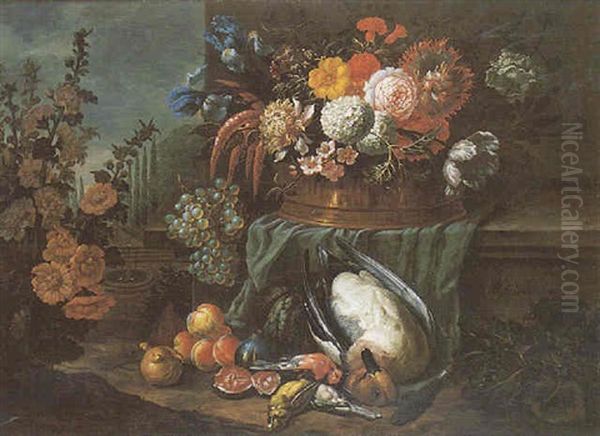 Nature Morte Au Panier De Fleurs, Fruits Et Gibier Dans Un Jardin Oil Painting by Jan-Baptiste Bosschaert