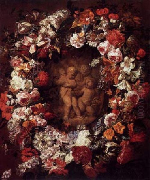 Garland Of Flowers Encircling A Feigned Marble Relief Of Putti Oil Painting by Jan-Baptiste Bosschaert