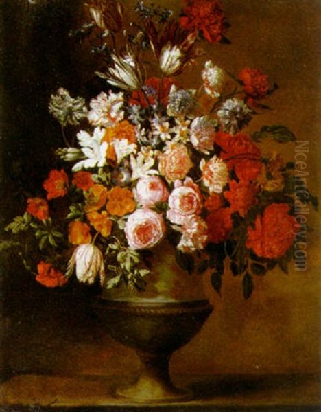 A Still Life Of Flowers In A Sculpted Urn On A Stone Ledge Oil Painting by Jan-Baptiste Bosschaert