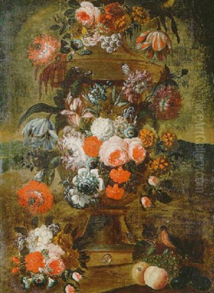 A Still Life Of Tulips, Roses, Lilac And Other Flowers Decorating An Urn Standing In A Landscape Oil Painting by Jan-Baptiste Bosschaert