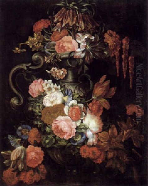 Ein Blumenstraus Von Rosen, Tulpen, Wicken Und Anderen Bluten In Einer Ornamental Verzierten Prunkvase Oil Painting by Jan-Baptiste Bosschaert