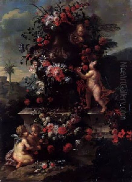 Blumenstilleben Mit Vase Und Putto Oil Painting by Jan-Baptiste Bosschaert