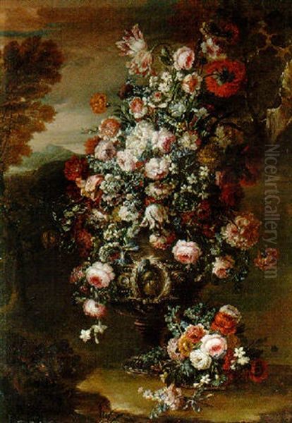 Roses, Parrot Tulips, Paeonies And Other Flowers In An Ornamental Silver Urn In A Landscape Oil Painting by Jan-Baptiste Bosschaert