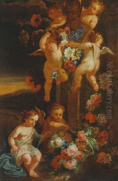 Putti Adorning A Herm Of Pan With Swags Of Flowers In A Landscape Oil Painting by Jan-Baptiste Bosschaert