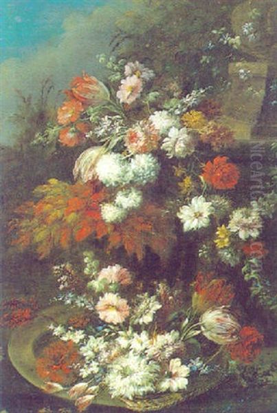 Blumenarrangement Vor Einem Steinernen Brunnen In Einer Parklandschaft Oil Painting by Jan-Baptiste Bosschaert