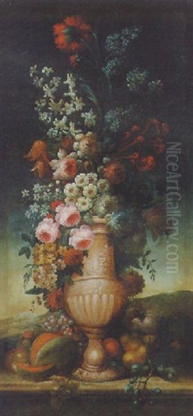 Flowers In A Sculpted Urn With Fruit On A Ledge In A Landscape Oil Painting by Jan-Baptiste Bosschaert