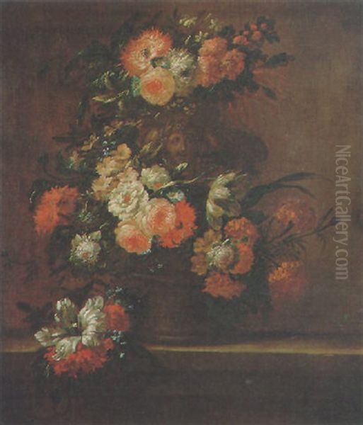 A Still Life Of Roses, Convolvulus, Tulips And Other Flowers Spilling From A Carved Stone Vase Oil Painting by Jan-Baptiste Bosschaert