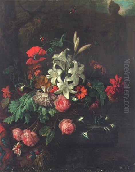 Flowers In A Sculpted Urn In A Landscape Oil Painting by Jan-Baptiste Bosschaert