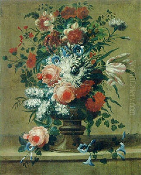 Flowers In A Vase On A Stone Ledge by Jan-Baptiste Bosschaert