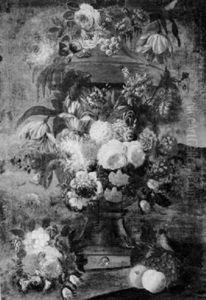 A Still Life Of Tulips, Roses, Lilac, Convolvulus And Other Flowers Decorating An Urn Standing In A Landscape Oil Painting by Jan-Baptiste Bosschaert