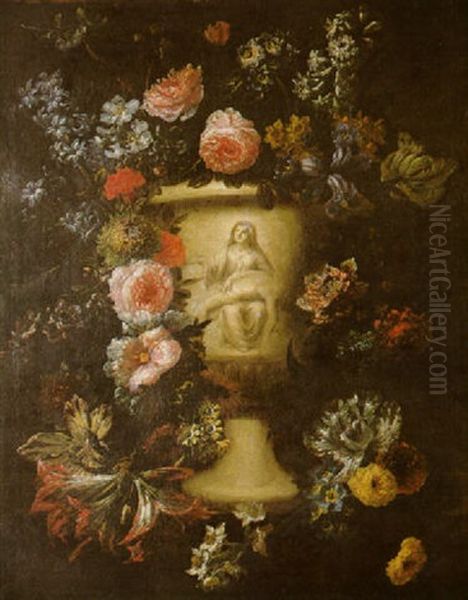 Guirlande De Fleurs Entourant Un Vase Decore D'une Pieta Oil Painting by Jan-Baptiste Bosschaert