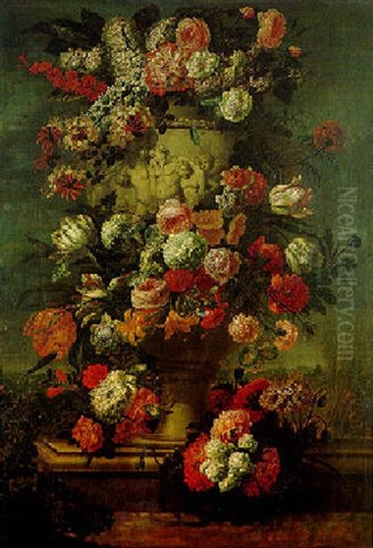 Flowers In A Sculpted Urn In A Landscape Oil Painting by Jan-Baptiste Bosschaert