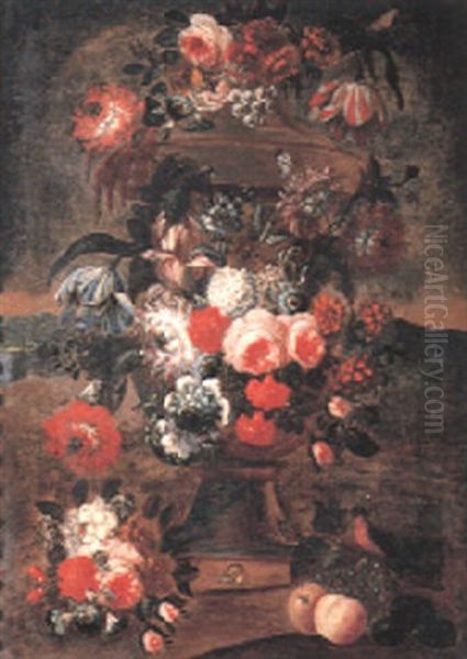 Still Life Of Tulips, Roses, Lilac, Convolvulus And Other Flowers Decorating An Urn Oil Painting by Jan-Baptiste Bosschaert