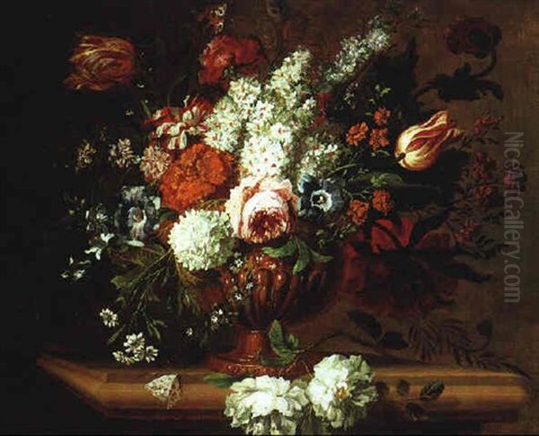 Blumenstraus Von Rosen, Tulpen, Pfingstrosen, Wicken, Schneeball Sowie Blutenzweigen Und Einem Schmetterling Oil Painting by Jan-Baptiste Bosschaert