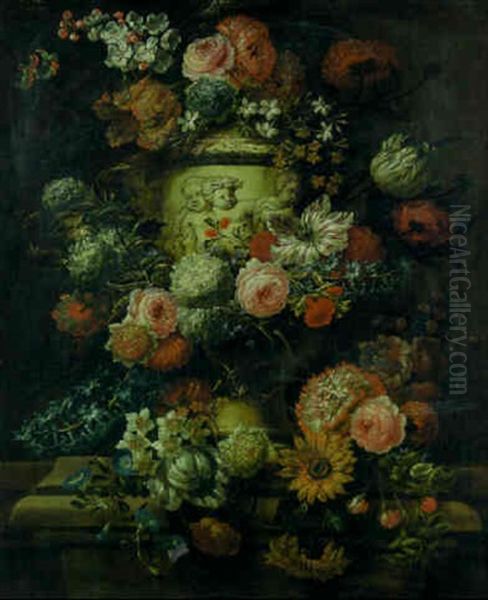 Flowers In A Sculpted Urn On A Pedestal Oil Painting by Jan-Baptiste Bosschaert