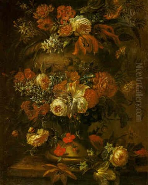 Still Life Of Flowers Decorating An Urn Oil Painting by Jan-Baptiste Bosschaert