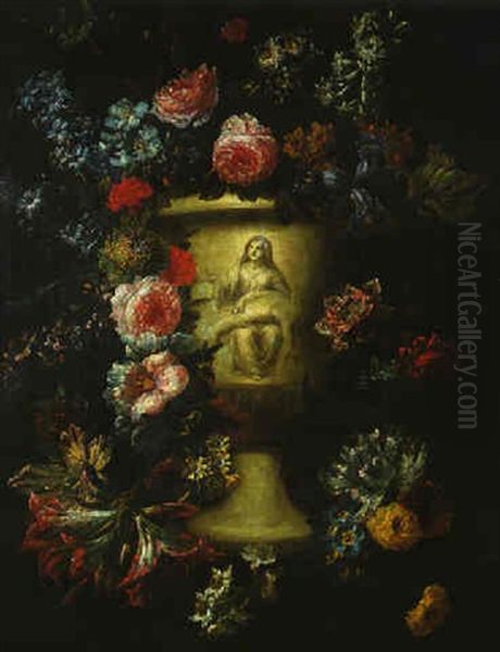 Guirlande De Fleurs Entourant Un Vase Decore D'une Pieta Oil Painting by Jan-Baptiste Bosschaert