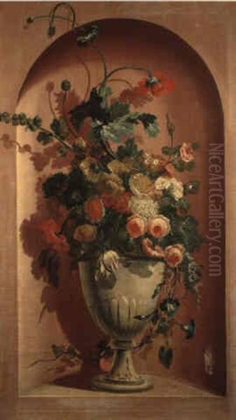 A Trompe-l'oeil Of Roses, Tulips, Poppies In Vase In Stone Niche Oil Painting by Jan-Baptiste Bosschaert