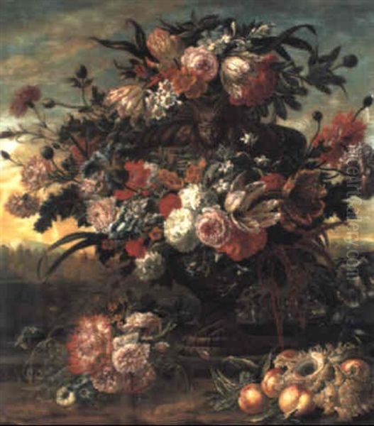 Carnations, Tulips And Other Flowers In An Urn On A Ledge, A Landscape Beyond Oil Painting by Jan-Baptiste Bosschaert