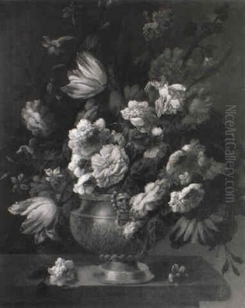 Parrot-tulips And Other Flowers In A Sculpted Urn On A Ledge Oil Painting by Jan-Baptiste Bosschaert