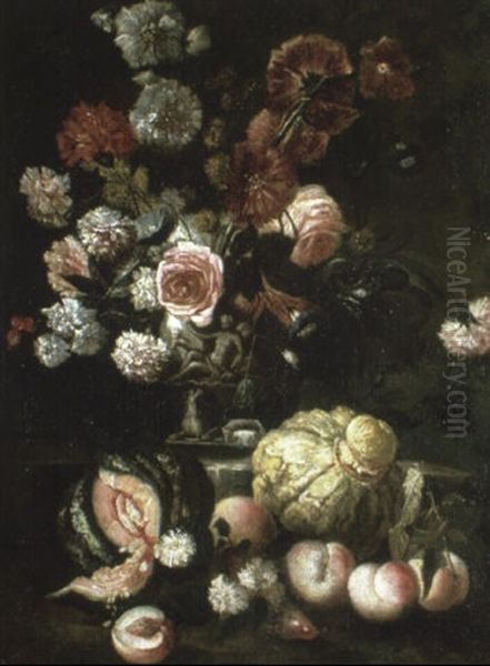 Mixed Flowers In A Sculpted Urn With Fruit On A Ledge Oil Painting by Jan-Baptiste Bosschaert