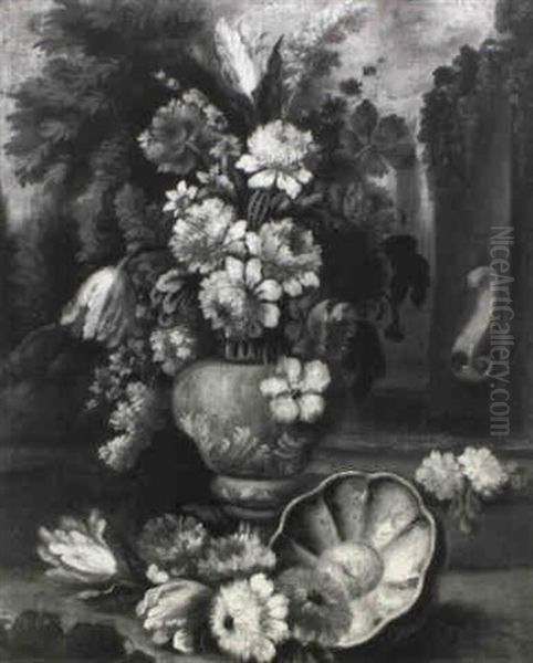 Tulips, Roses, Carnations, Dahlias, Narcissi And Other      Flowers In An Urn In A Garden Oil Painting by Jan-Baptiste Bosschaert