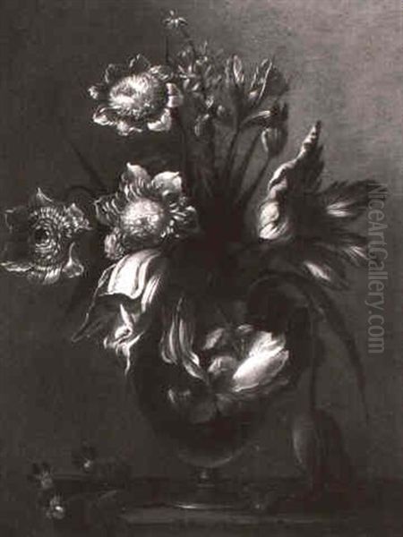 Tulips, Iris And Other Flowers In A Vase On A Ledge Oil Painting by Jan-Baptiste Bosschaert