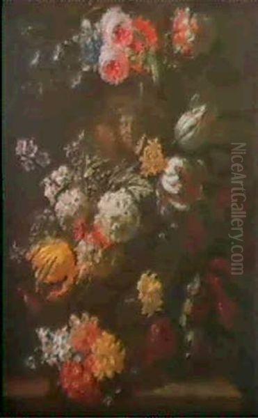 Guirlandes De Fleurs Decorant Une Urne De Pierre Sculptee A L'antique Oil Painting by Jan-Baptiste Bosschaert