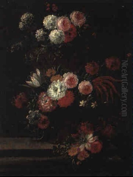 Vases De Fleurs Dur Des Entablements Oil Painting by Jan-Baptiste Bosschaert