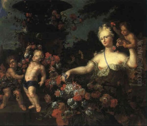 Flora Mit Putten Und Blumengirlande, In Einem Schlosspark Oil Painting by Jan-Baptiste Bosschaert