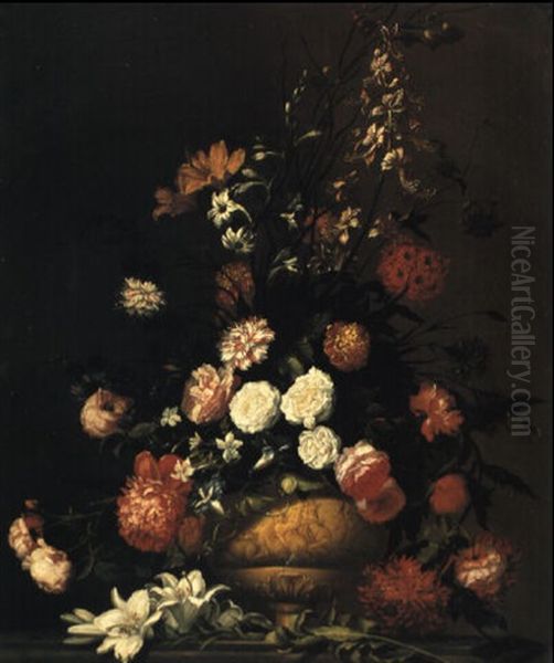 Carnations, Roses And Other Flowers In A Sculpted Urn On A Ledge Oil Painting by Jan-Baptiste Bosschaert