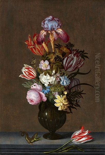 Still Life With Flowers, Leaves, A Butterfly, And A Lizard Oil Painting by Johannes Bosschaert