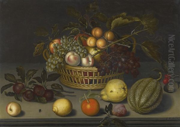 Still Life With Peaches, Apricots And Grapes In A Wicker Basket, With A Melon, A Pear, An Orange And Other Fruit, All Upon A Stone Ledge Oil Painting by Johannes Bosschaert