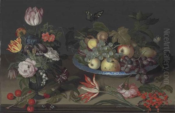 Parrot Tulips, An Iris, Snowbells, And Other Flowers In A Glass Vase, With Apples, Grapes And Other Fruit In A Wan-li Kaak Dish... Oil Painting by Johannes Bosschaert