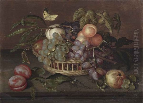 A Wicker Basket With White And Blue Grapes, Peaches, An Apple And Vine Leaves On A Stone Ledge Oil Painting by Johannes Bosschaert