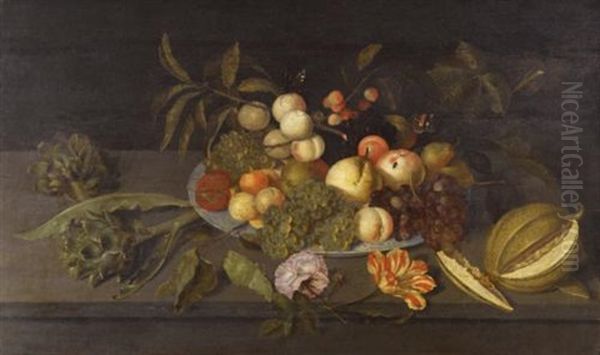 Still Life With Apples, Pears, Grapes, And Other Fruits In A Chinese Porcelain Bowl On A Ledge Alongside A Melon, Some Artichokes, And Some Flowers Oil Painting by Johannes Bosschaert