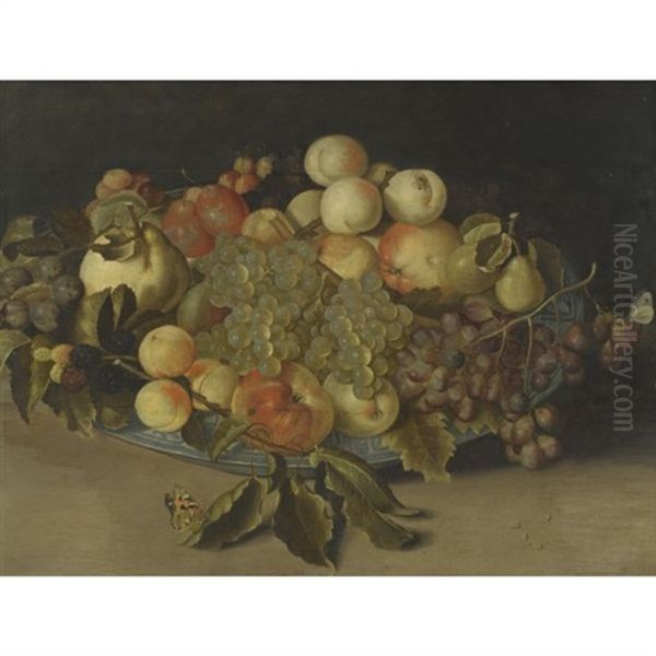 Sill Life With Blackberries, Apples, Peaches And Pears In A Chinese Blue And White Porcelain Bowl, Two Butterflies And A Fly Oil Painting by Johannes Bosschaert