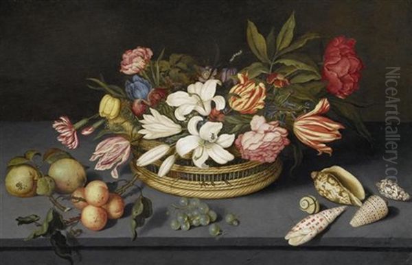 Stilleben Mit Lilien, Tulpen, Pfingstrosen Und Anderen Blumen In Einem Korb Auf Einer Platte Mit Fruchten, Muscheln Und Einer Fliege Oil Painting by Johannes Bosschaert