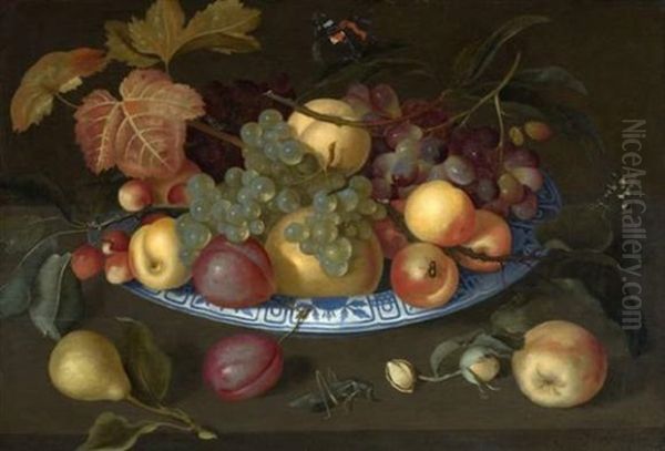 Nature Morte De Prunes, Pommes, Poires Et Cerises Dans Une Coupe De Delft Posee Sur Une Table Et Entouree D'insectes Oil Painting by Johannes Bosschaert