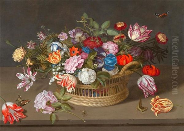 Stilleben Mit Blumen In Einem Flechtkorb Auf Einem Tisch Mit Insekten, Schmetterlingen Und Einer Eidechse Oil Painting by Johannes Bosschaert