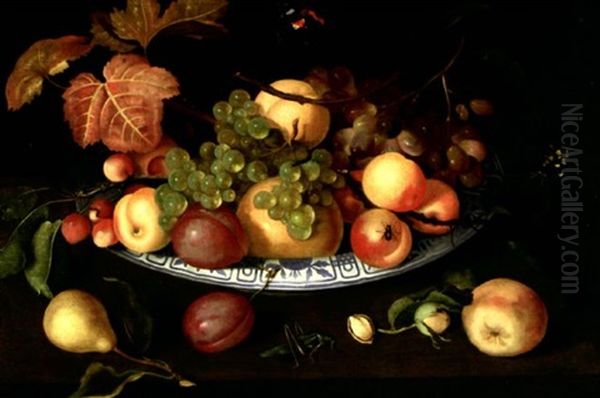 Nature Morte De Fruits Dans Un Bol De Porcelaine Pose Sur Un Entablement Avec Sauterelle, Papillons Et Insectes Oil Painting by Johannes Bosschaert