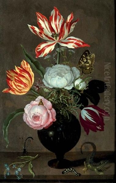 Roses, Tulips, Bellflower, Rosemary And Caraway In A Glass Vase, With A Sprig Of Forget-me-not, A Damselfly, A Caterpillar And A Lizard, On A Stone Ledge Oil Painting by Johannes Bosschaert