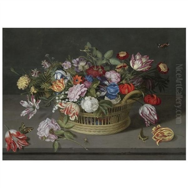 Still Life Of Flowers In A Basket On A Stone Ledge, Including Roses, Irises, Fritallary, Tulips, Lily Of The Valley, Columbine, French Marigold, Lily And Briar-rose... Oil Painting by Johannes Bosschaert