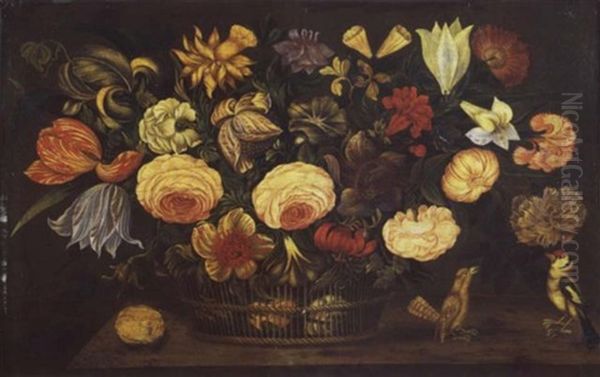 Corbeille De Fleurs Disposee Sur Un Entablement Pres D'oiseaux Oil Painting by Johannes Bosschaert