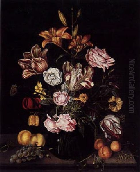 Flower Still Life With Tulip, Roses And Other Flowers In A Glass Vase With Peaches, Grapes And A Cricket, On A Wooden Table Oil Painting by Johannes Bosschaert