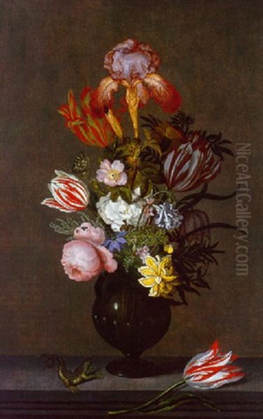 An Iris, Parrot Tulips, Roses And Other Flowers In A Glass Vase With A Parrot Tulip And A Lizard On A Stone Ledge Oil Painting by Johannes Bosschaert