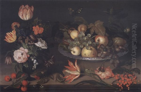 Still Life With Flowers In A Vase, A Branch Of Cherries, A Wan-li Dish Full Of Fruit, Red Currants, A Tulip, A Lizard And Various Insects On A Ledge Oil Painting by Johannes Bosschaert